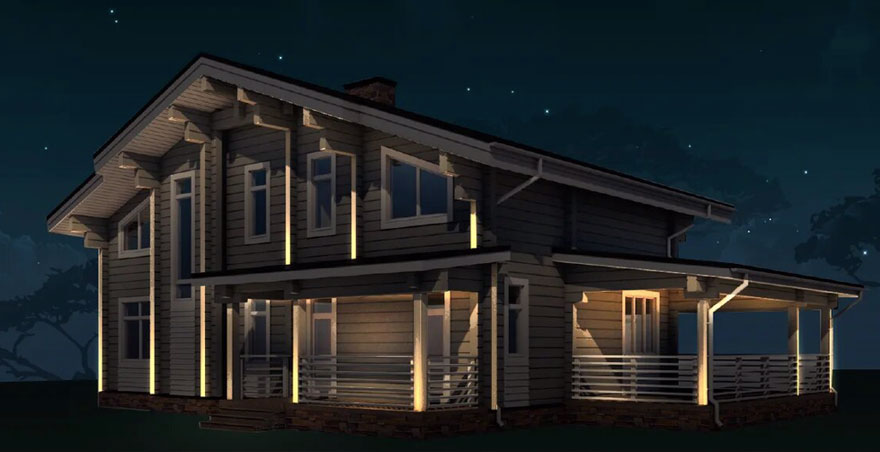 Подсветка деревянного дома двунаправленными светильниками