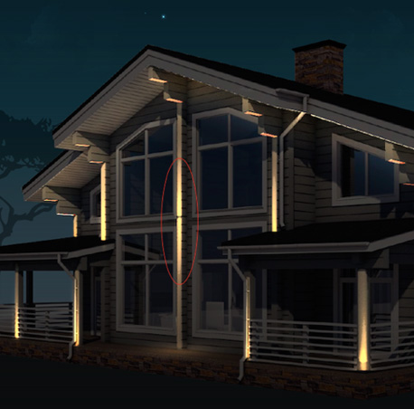 двулучевые светильники на фасаде деревянного дома