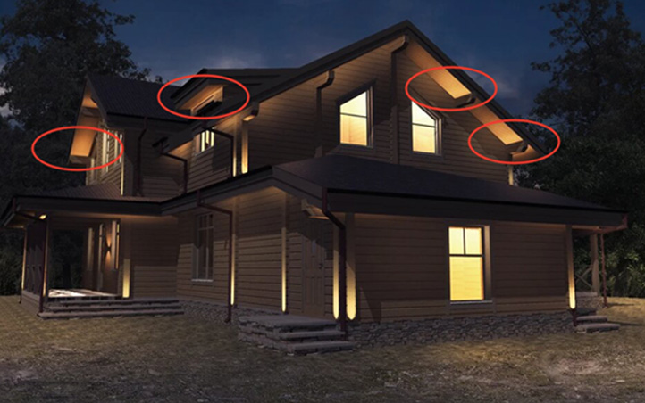 Подсветка деревянного дома заливающими светильниками